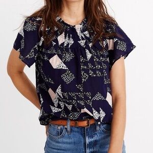 Madewell blouse smocked mock neck XS patchwork boho casual Navy Geometric‎ Top